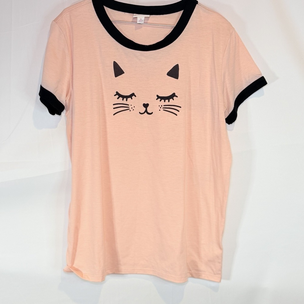 LuLaRoe Women's Liv Tee Shirt Medium Cat Kitty Face Pink Soft Black Trim